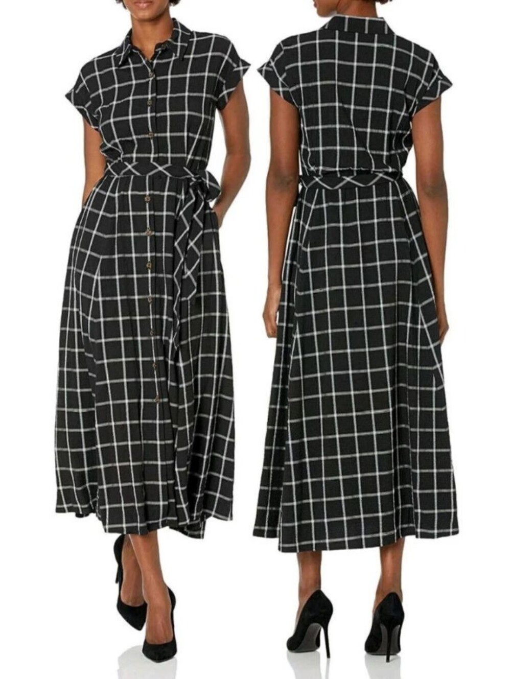 Calvin Klein Black White Gauze Windowpane Button Front Self-tie Shirt Dress